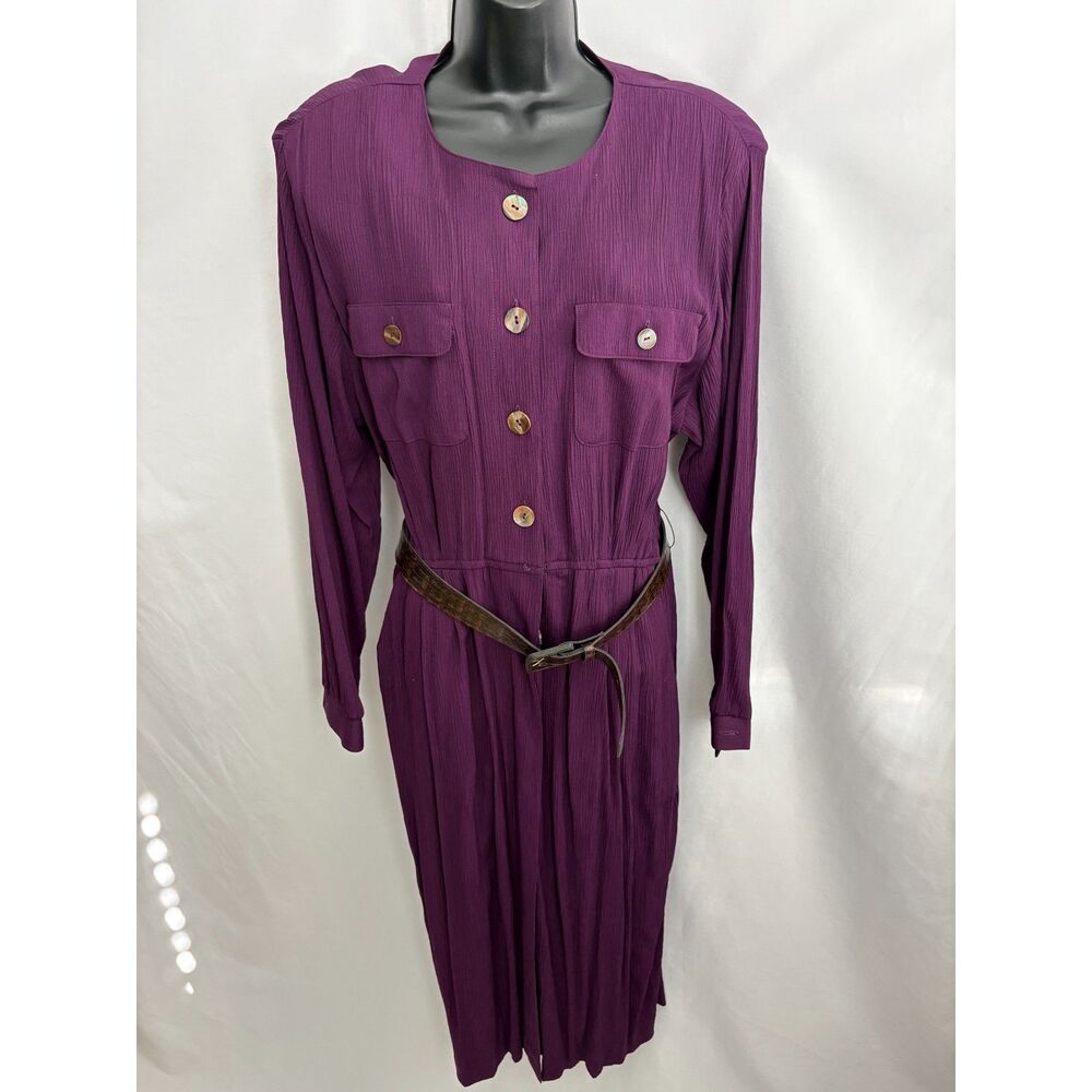 Vintage Lady Carol Purple Belted Midi Dress Size 14 Feminine Classy Retro 80s